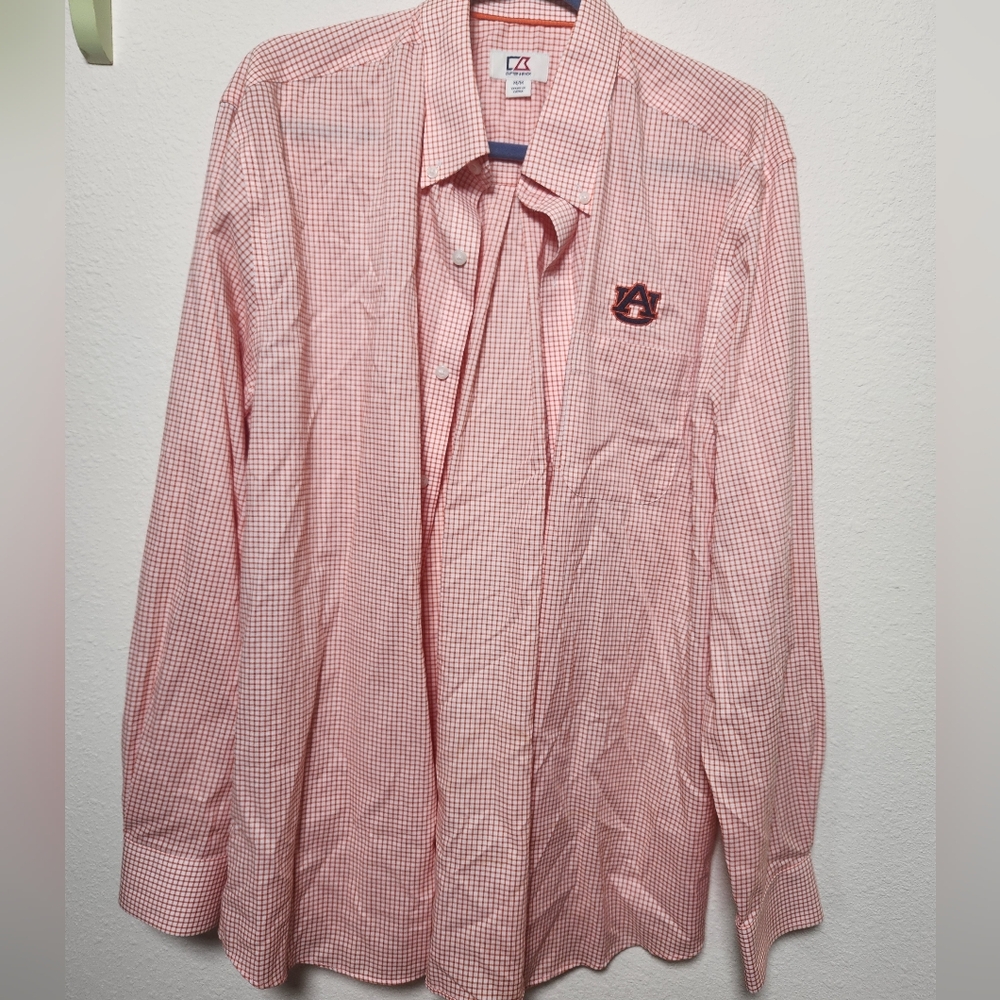 Cutter and Buck Auburn University Tigers Orange Check Long Sleeve Button Down M‎